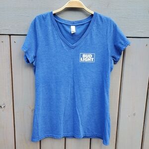Bud Light Women's V-Neck T-Shirt Sz M Blue Short Sleeve EUC Weekend Ballgame Y2K